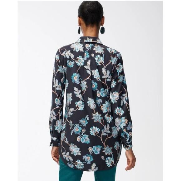 Chico’s Black Floral No Iron Cotton Stretch Button Down Tunic Blouse New Size 10 - Picture 2 of 14
